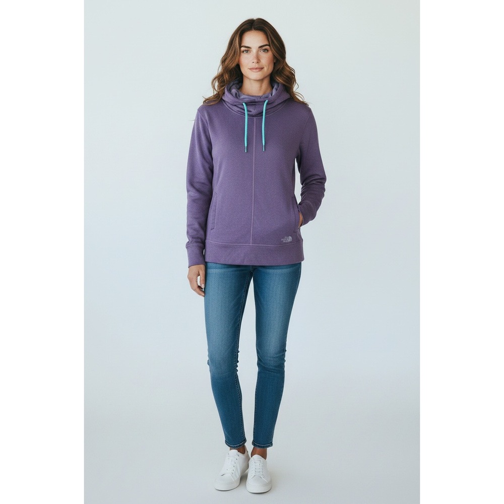 The North Face Hoodie Women's L Purple Cowl Neck Fleece Pullover Teal Drawcord